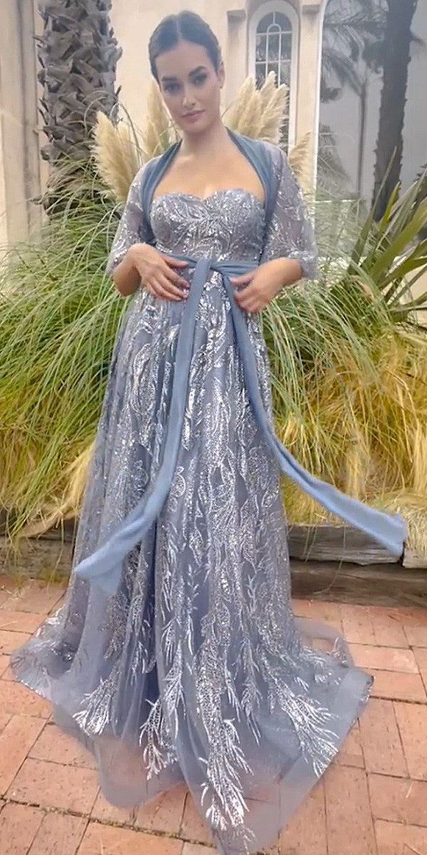 Andrea &amp; Leo A1174 Shimmer Leaf Motif Ball Gown with Matching Shawl