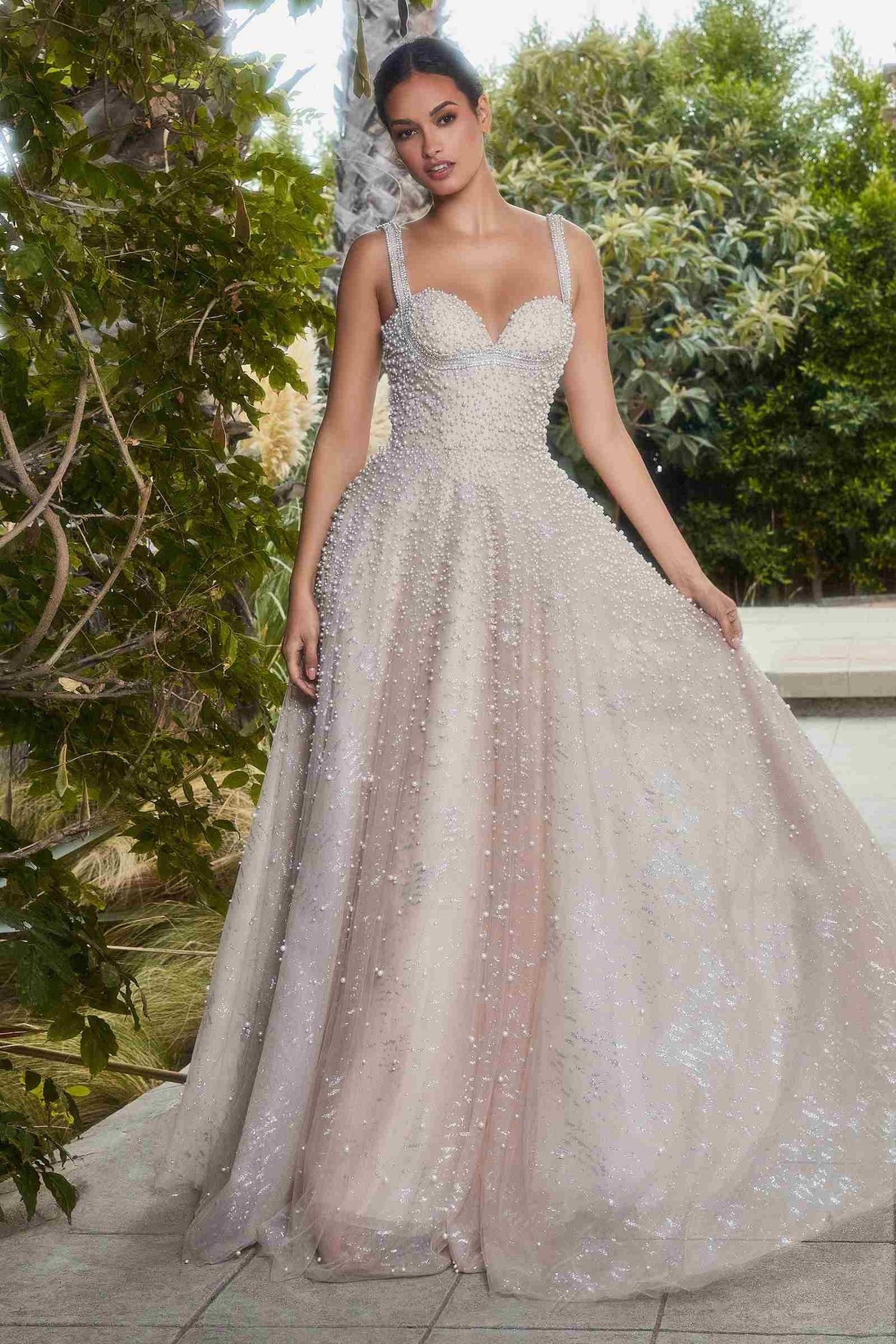 Andrea &amp; Leo A1180 Long Pearleque Ball Gown with Crystal Strap