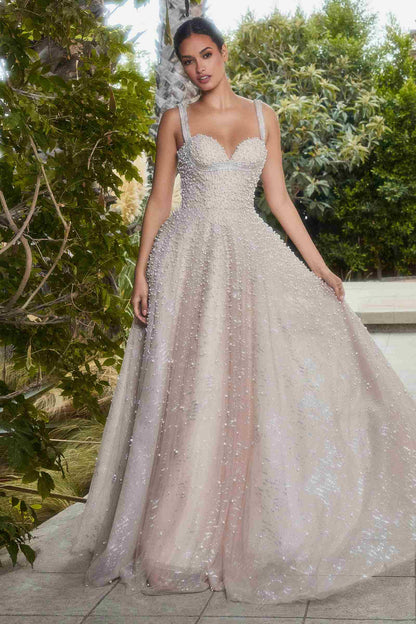 Andrea &amp; Leo A1180 Long Pearleque Ball Gown with Crystal Strap