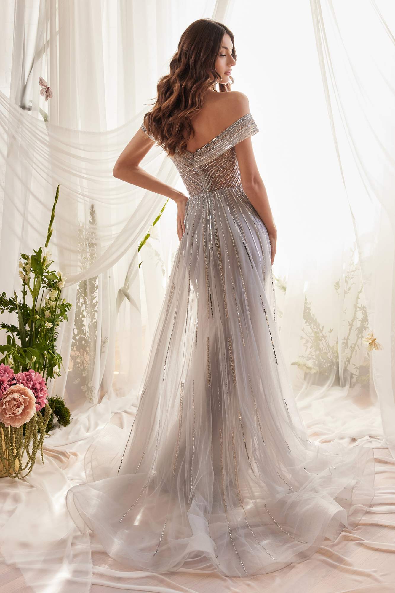 Andrea &amp; Leo A1182 Floor Length Silver Siren Bead Gown with Overskirt