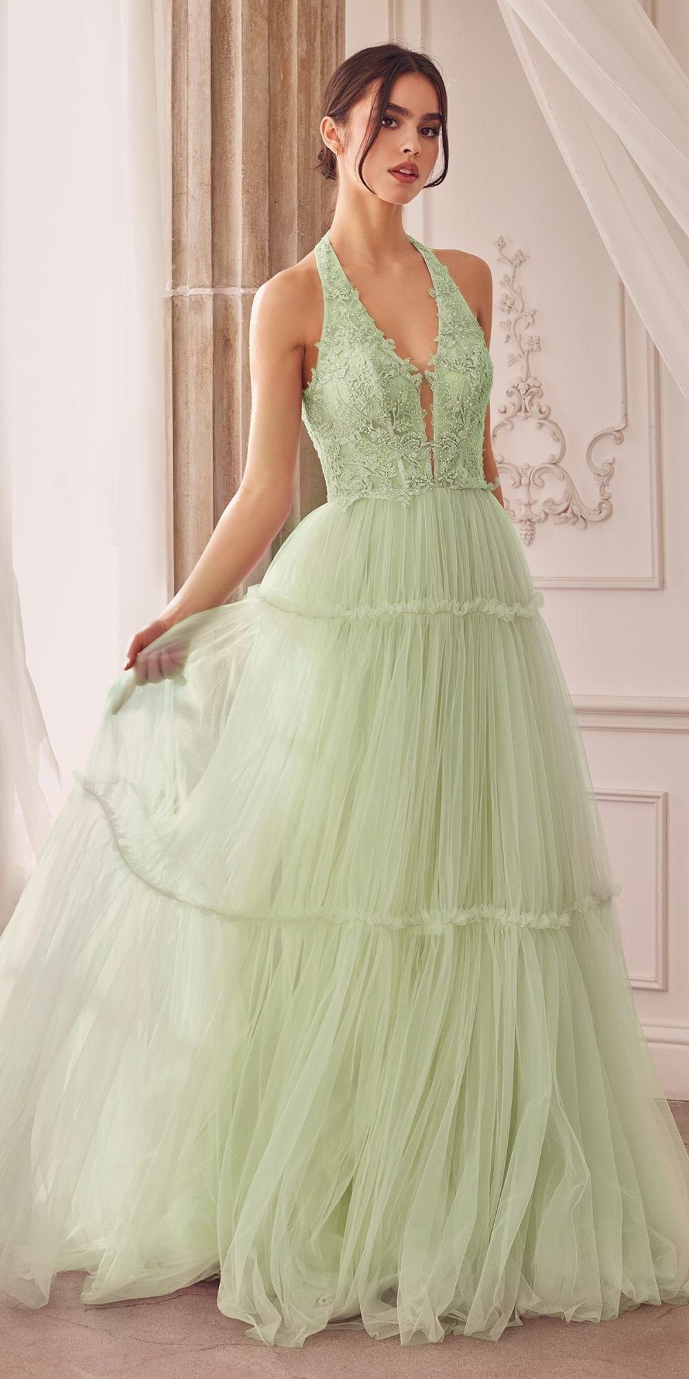 Andrea &amp; Leo A1206 Long A-Line Garden Lace Halter Gown With Tier Skirt
