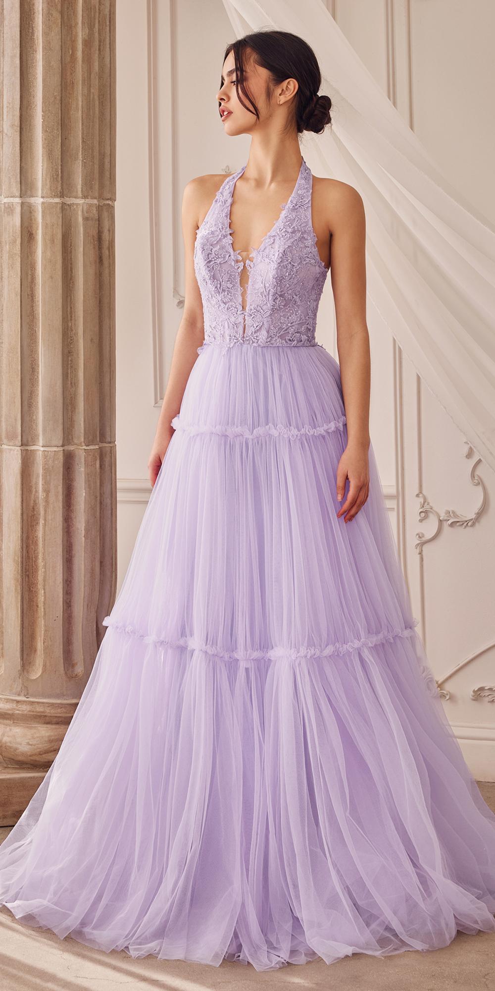 Andrea &amp; Leo A1206 Long A-Line Garden Lace Halter Gown With Tier Skirt