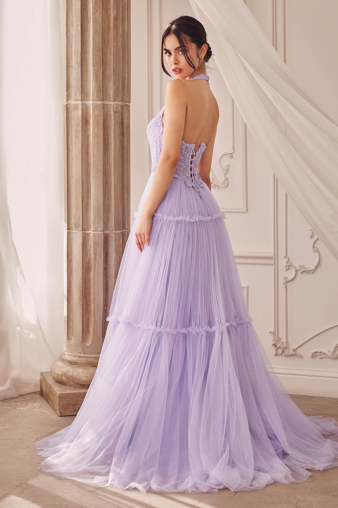 Andrea &amp; Leo A1206 Long A-Line Garden Lace Halter Gown With Tier Skirt
