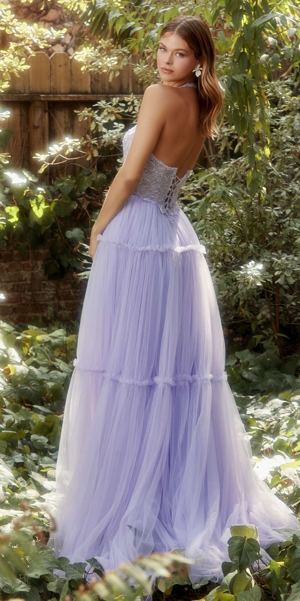 Andrea &amp; Leo A1206 Long A-Line Garden Lace Halter Gown With Tier Skirt