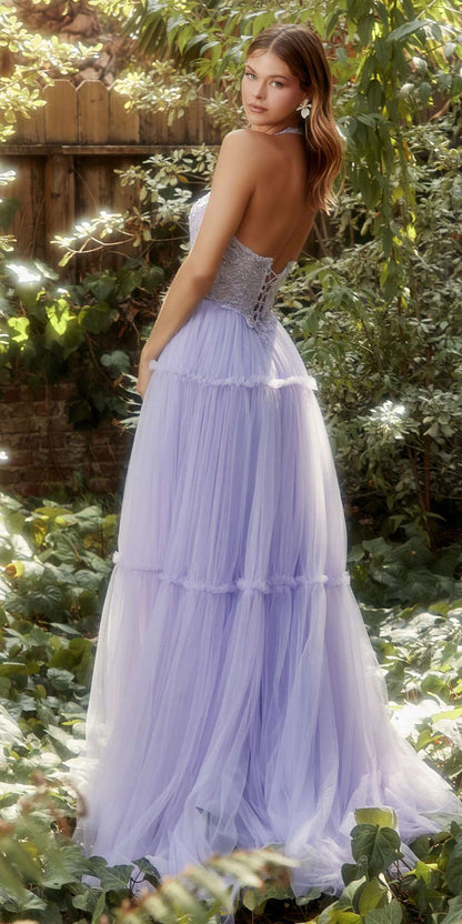Andrea &amp; Leo A1206 Long A-Line Garden Lace Halter Gown With Tier Skirt