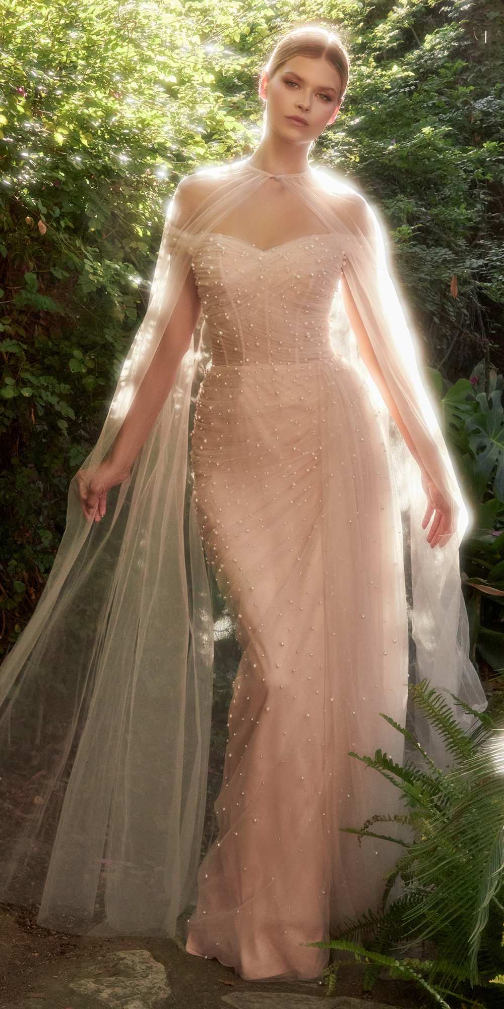 Andrea &amp; Leo A1219 Floor Length Pearl Pleated Tulle Gown with Cape