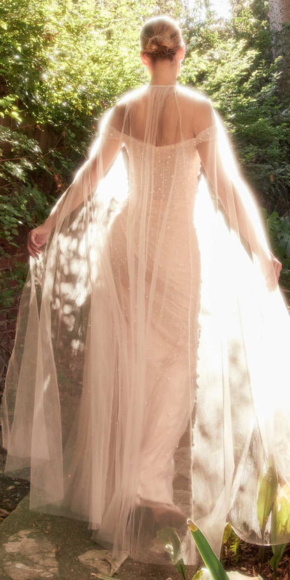 Andrea &amp; Leo A1219 Floor Length Pearl Pleated Tulle Gown with Cape