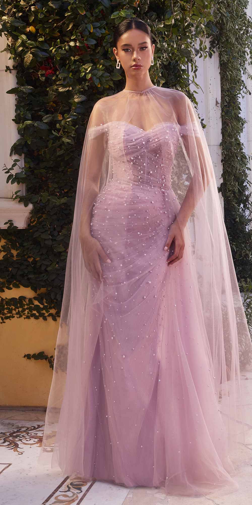 Andrea &amp; Leo A1219 Floor Length Pearl Pleated Tulle Gown with Cape