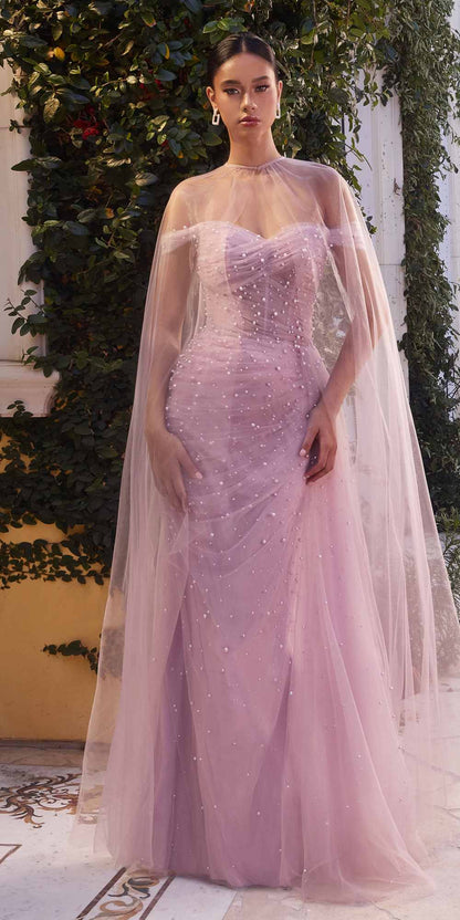 Andrea &amp; Leo A1219 Floor Length Pearl Pleated Tulle Gown with Cape