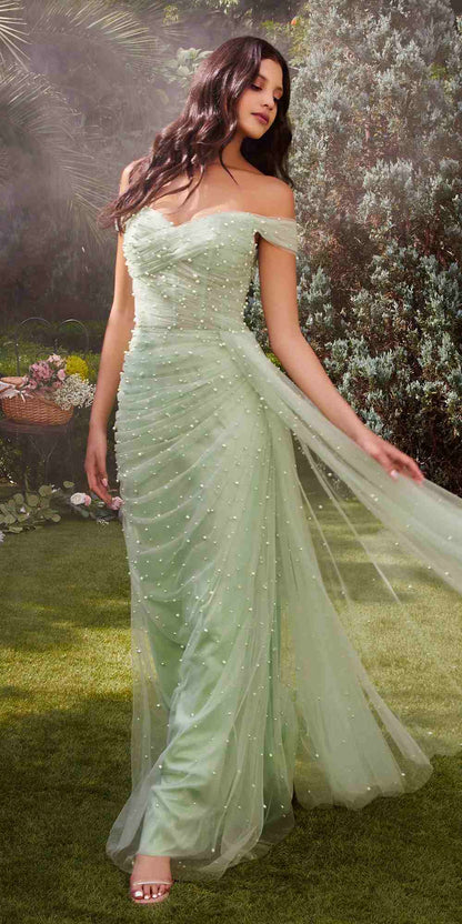 Andrea &amp; Leo A1219 Floor Length Pearl Pleated Tulle Gown with Cape