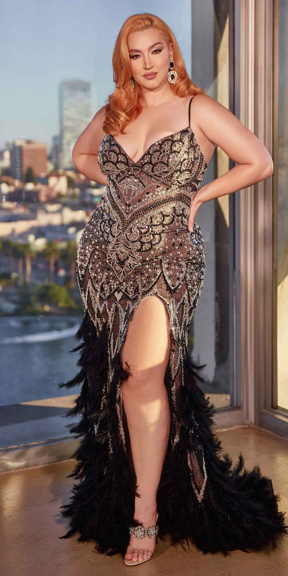 Andrea &amp; Leo A1229 Long Fitted Feather and Bead Embellished Mermaid Gown