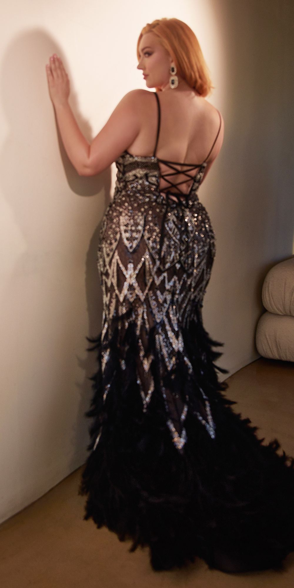 Andrea &amp; Leo A1229 Long Fitted Feather and Bead Embellished Mermaid Gown