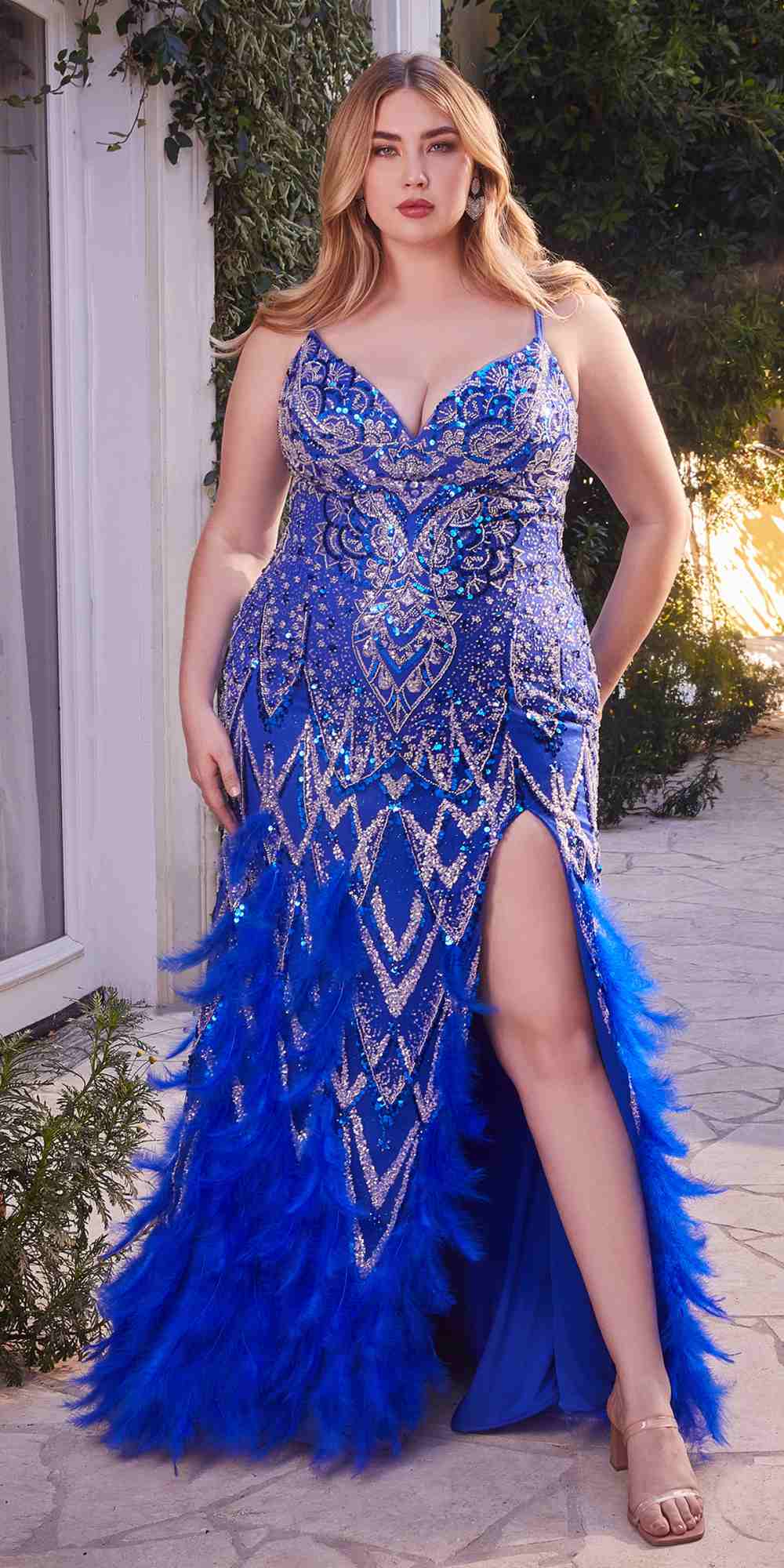 Andrea &amp; Leo A1229 Long Fitted Feather and Bead Embellished Mermaid Gown