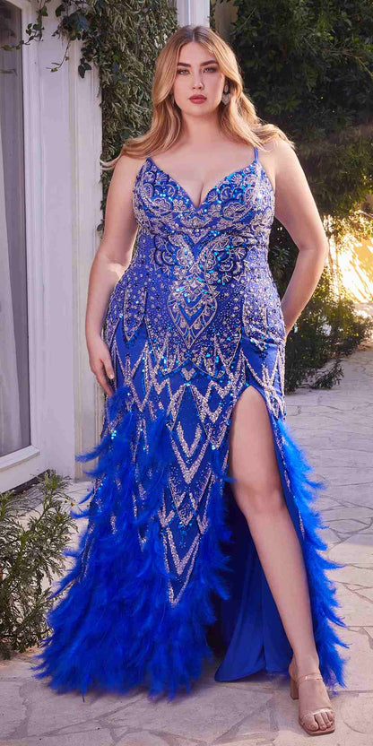 Andrea &amp; Leo A1229 Long Fitted Feather and Bead Embellished Mermaid Gown