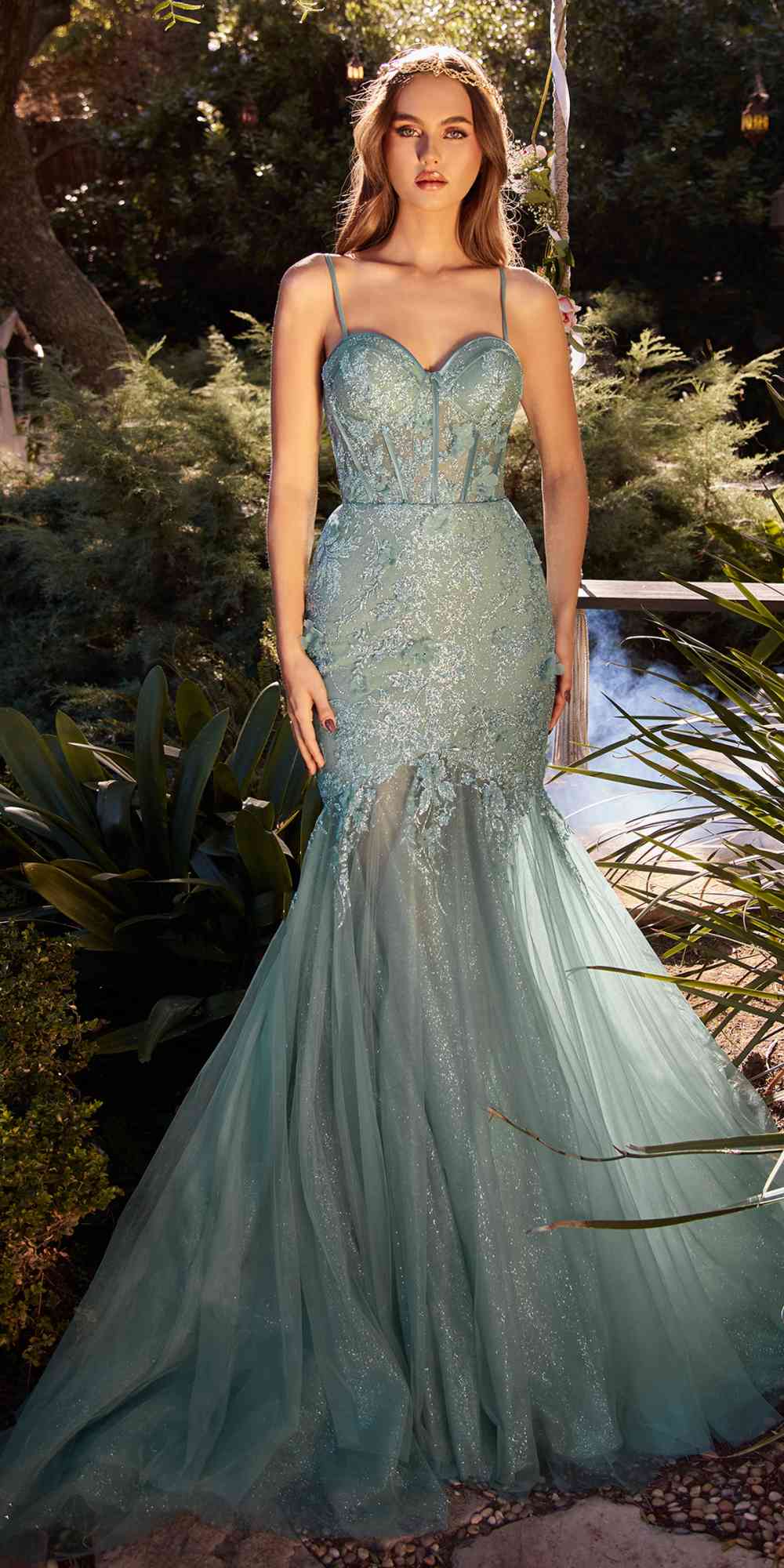 Andrea &amp; Leo A1232 Long Fit and Flare Glitter Tulle Trumpet Gown