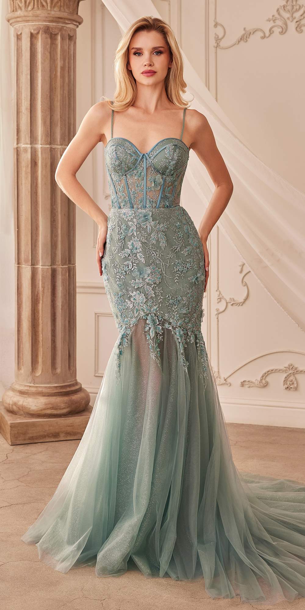 Andrea &amp; Leo A1232 Long Fit and Flare Glitter Tulle Trumpet Gown