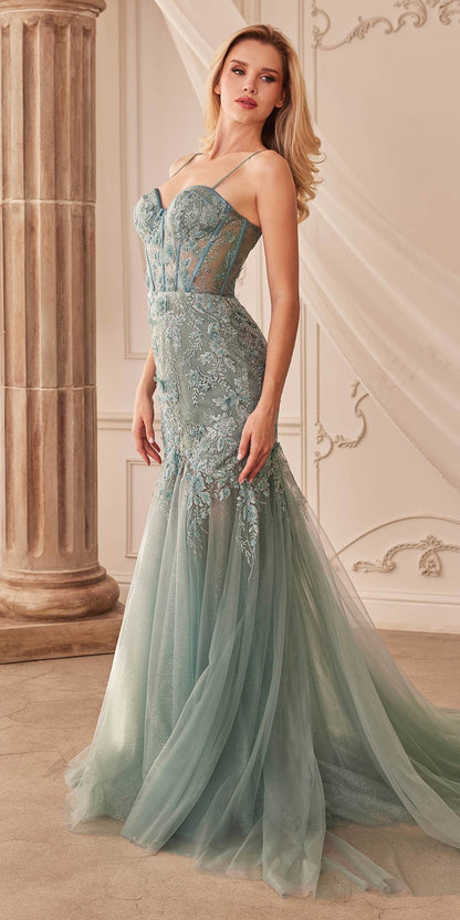 Andrea &amp; Leo A1232 Long Fit and Flare Glitter Tulle Trumpet Gown