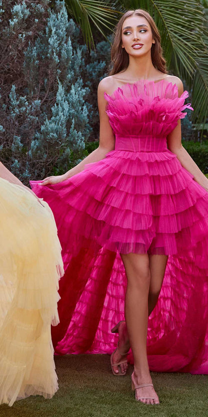 Andrea &amp; Leo A1240 High-Low Ruffled Tiered Tulle Gown Feather Details