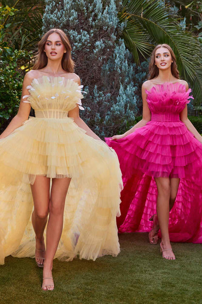 Andrea &amp; Leo A1240 High-Low Ruffled Tiered Tulle Gown Feather Details