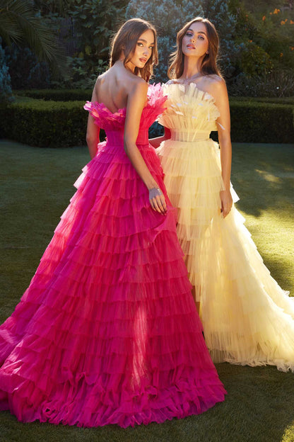 Andrea &amp; Leo A1240 High-Low Ruffled Tiered Tulle Gown Feather Details