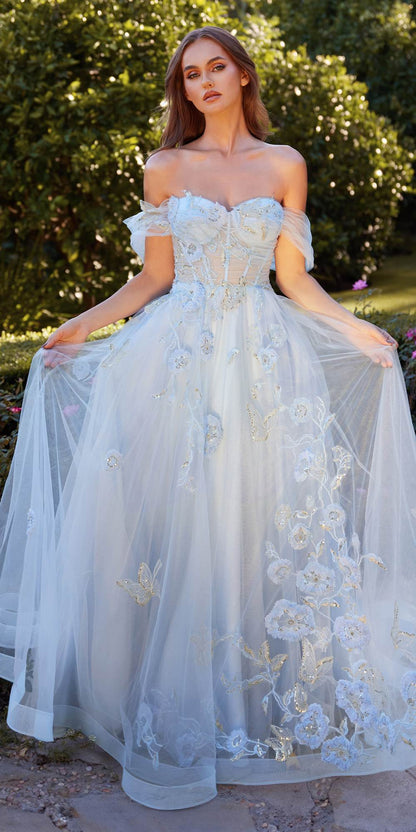 Andrea &amp; Leo A1246 Long Off the Shoulder Floral Applique Tulle Ball Gown