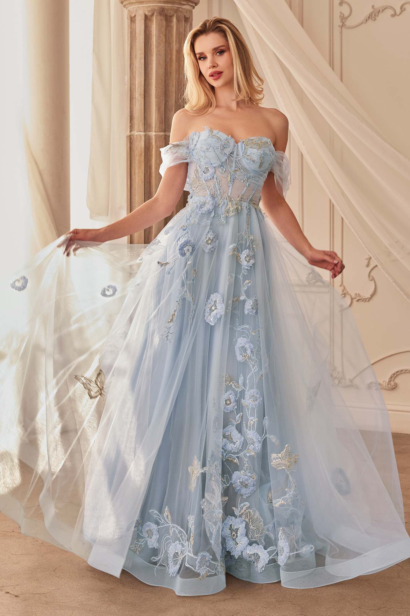 Andrea &amp; Leo A1246 Long Off the Shoulder Floral Applique Tulle Ball Gown