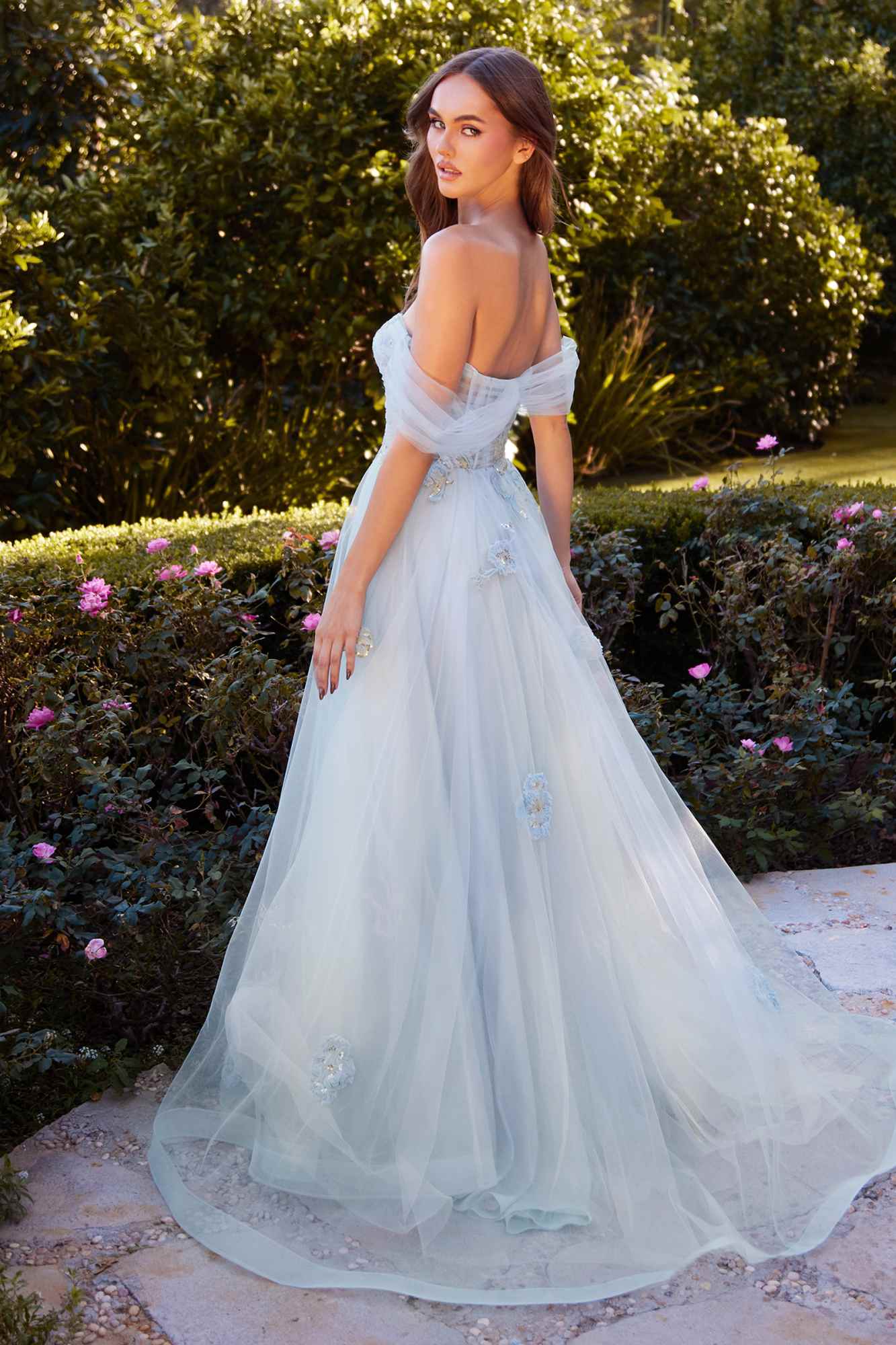 Andrea &amp; Leo A1246 Long Off the Shoulder Floral Applique Tulle Ball Gown