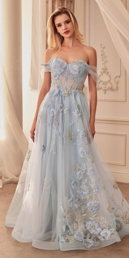 Andrea &amp; Leo A1246 Long Off the Shoulder Floral Applique Tulle Ball Gown