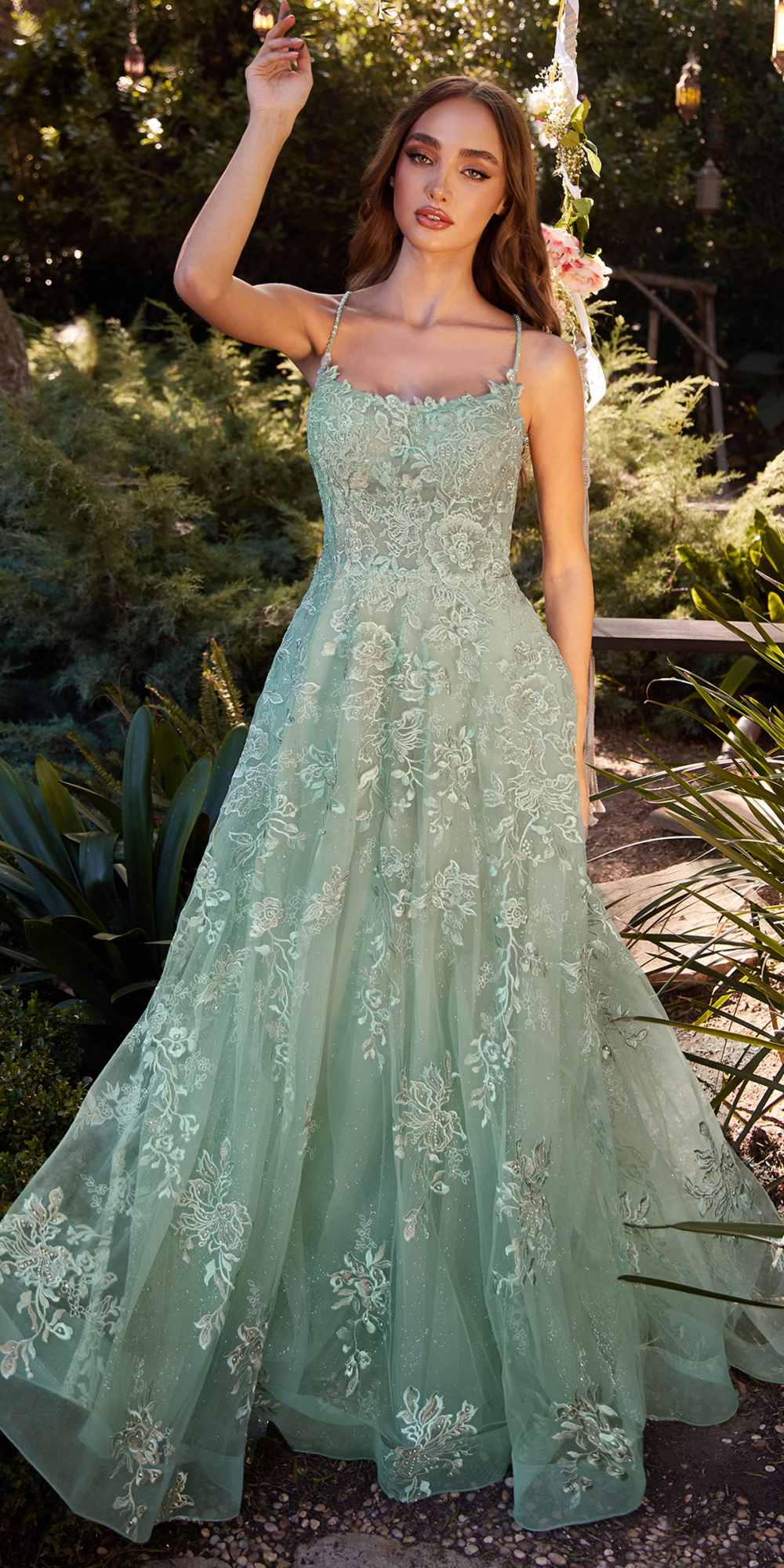 Andrea &amp; Leo A1248 Long Lace Embellished Tulle Skirt A-Line Dress