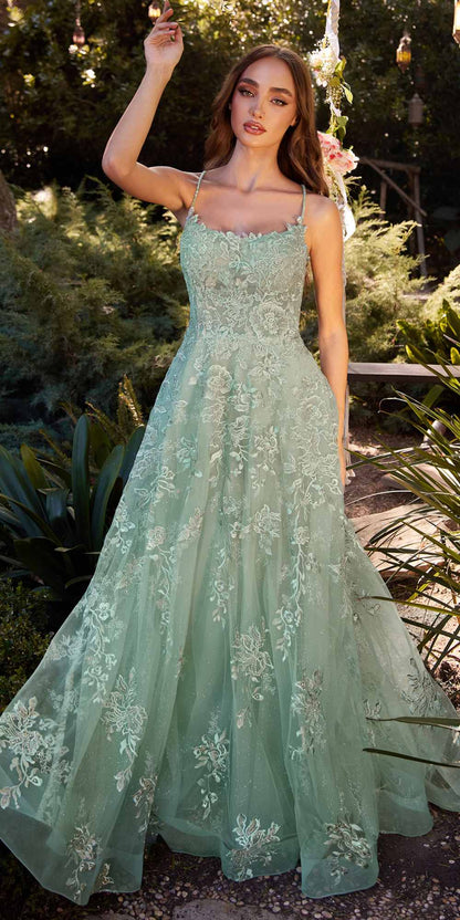 Andrea &amp; Leo A1248 Long Lace Embellished Tulle Skirt A-Line Dress
