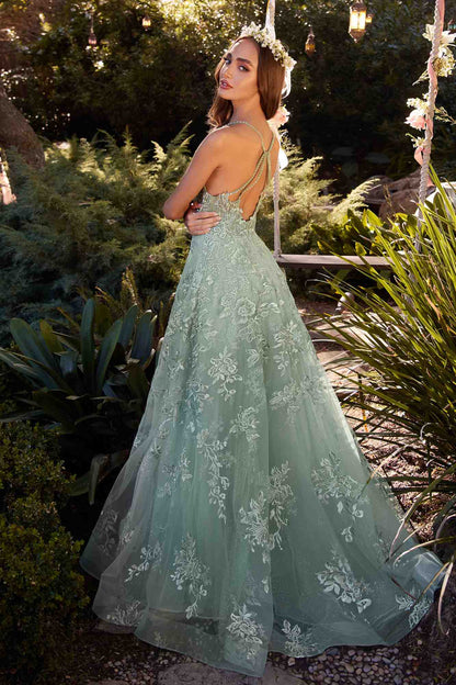 Andrea &amp; Leo A1248 Long Lace Embellished Tulle Skirt A-Line Dress