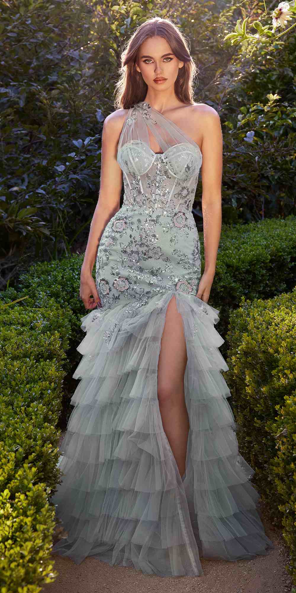 Andrea &amp; Leo A1260 One Shoulder Embellished Layered Tulle Mermaid Gown
