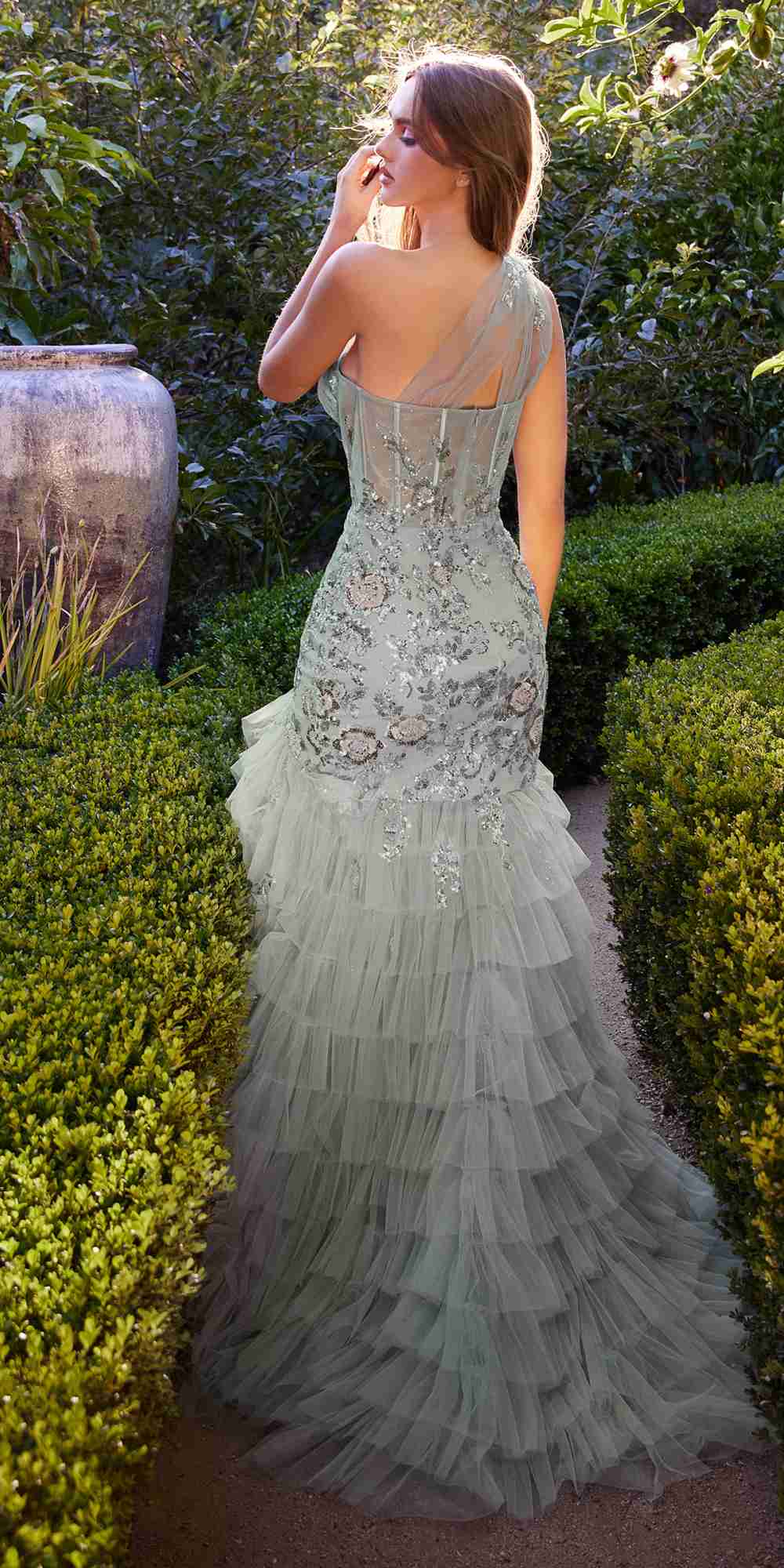 Andrea &amp; Leo A1260 One Shoulder Embellished Layered Tulle Mermaid Gown