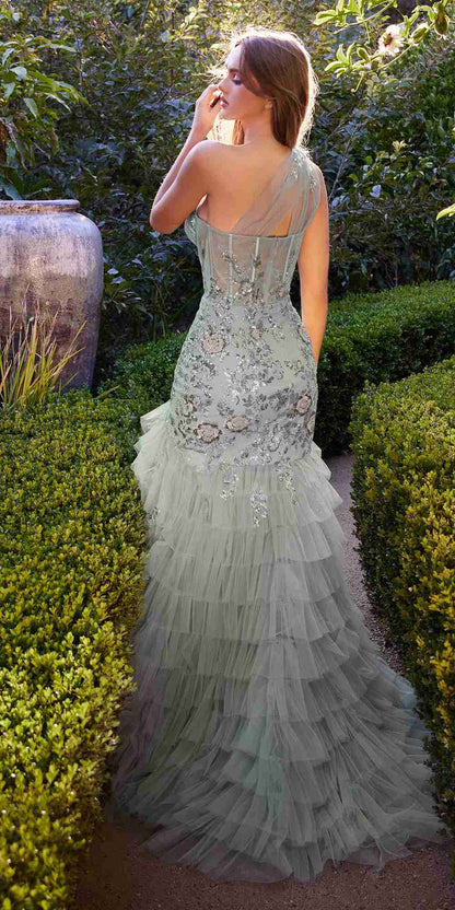 Andrea &amp; Leo A1260 One Shoulder Embellished Layered Tulle Mermaid Gown