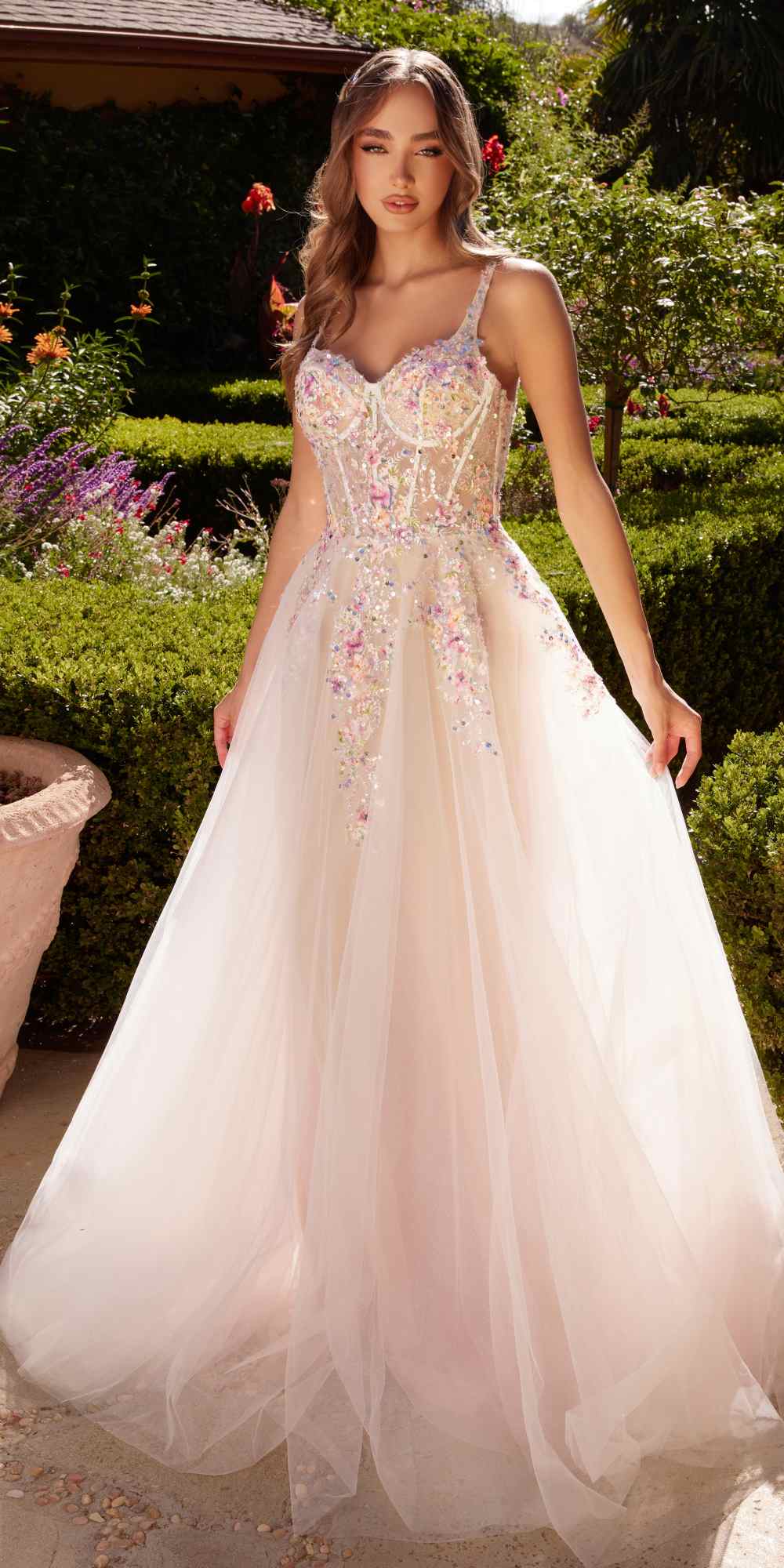 Andrea &amp; Leo A1288 Long A-Line Dress Multicolored Floral Embellishments