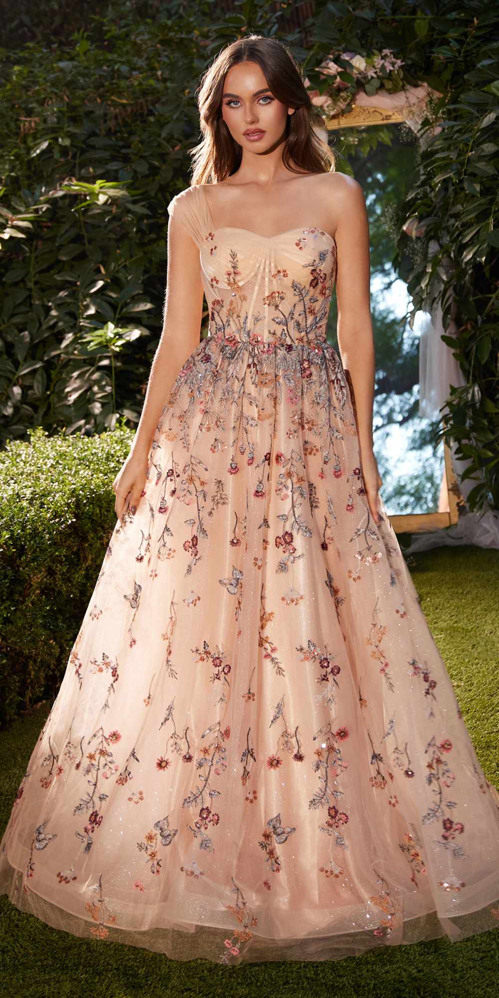 Andrea &amp; Leo A1289 Long One Shoulder Floral Embroidered A-Line Gown