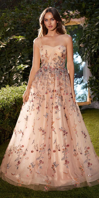 Andrea &amp; Leo A1289 Long One Shoulder Floral Embroidered A-Line Gown