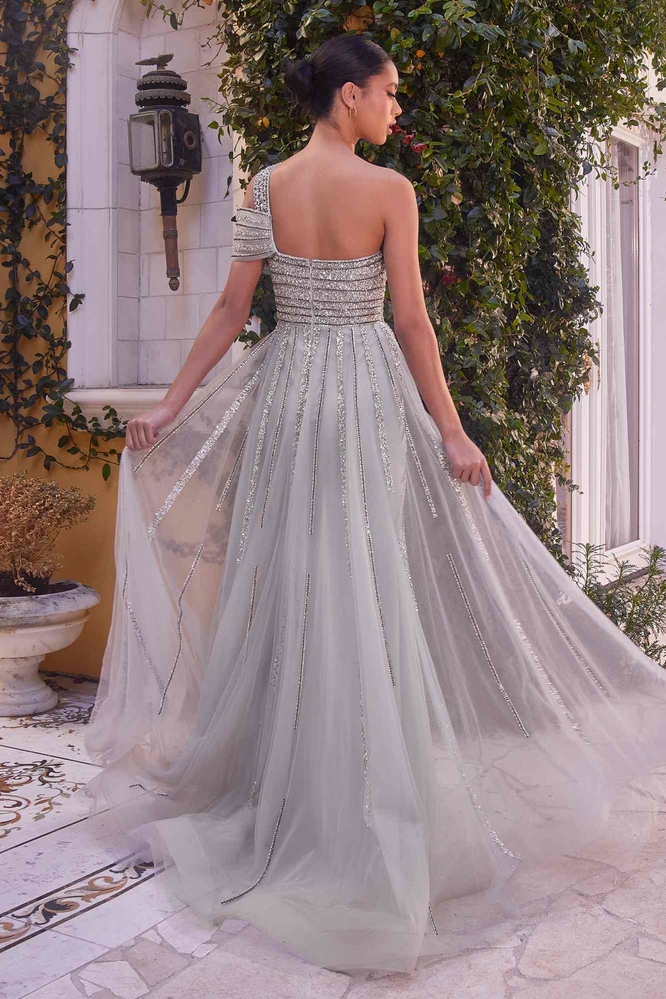 Andrea &amp; Leo A1314 Long One Shoulder Silver Beaded Gown Leg Slit