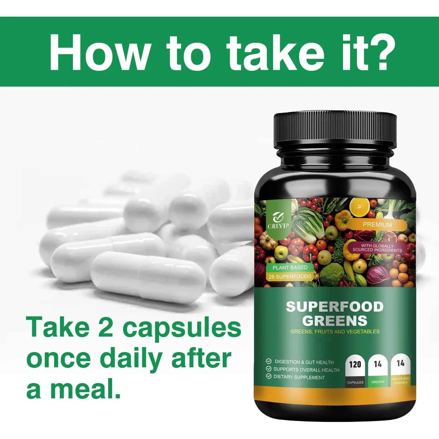 Organic Superfood Greens Supplement - Digestive Support, Energy Boost, Antioxidant - 120 Capsules