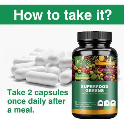 Organic Superfood Greens Supplement - Digestive Support, Energy Boost, Antioxidant - 120 Capsules