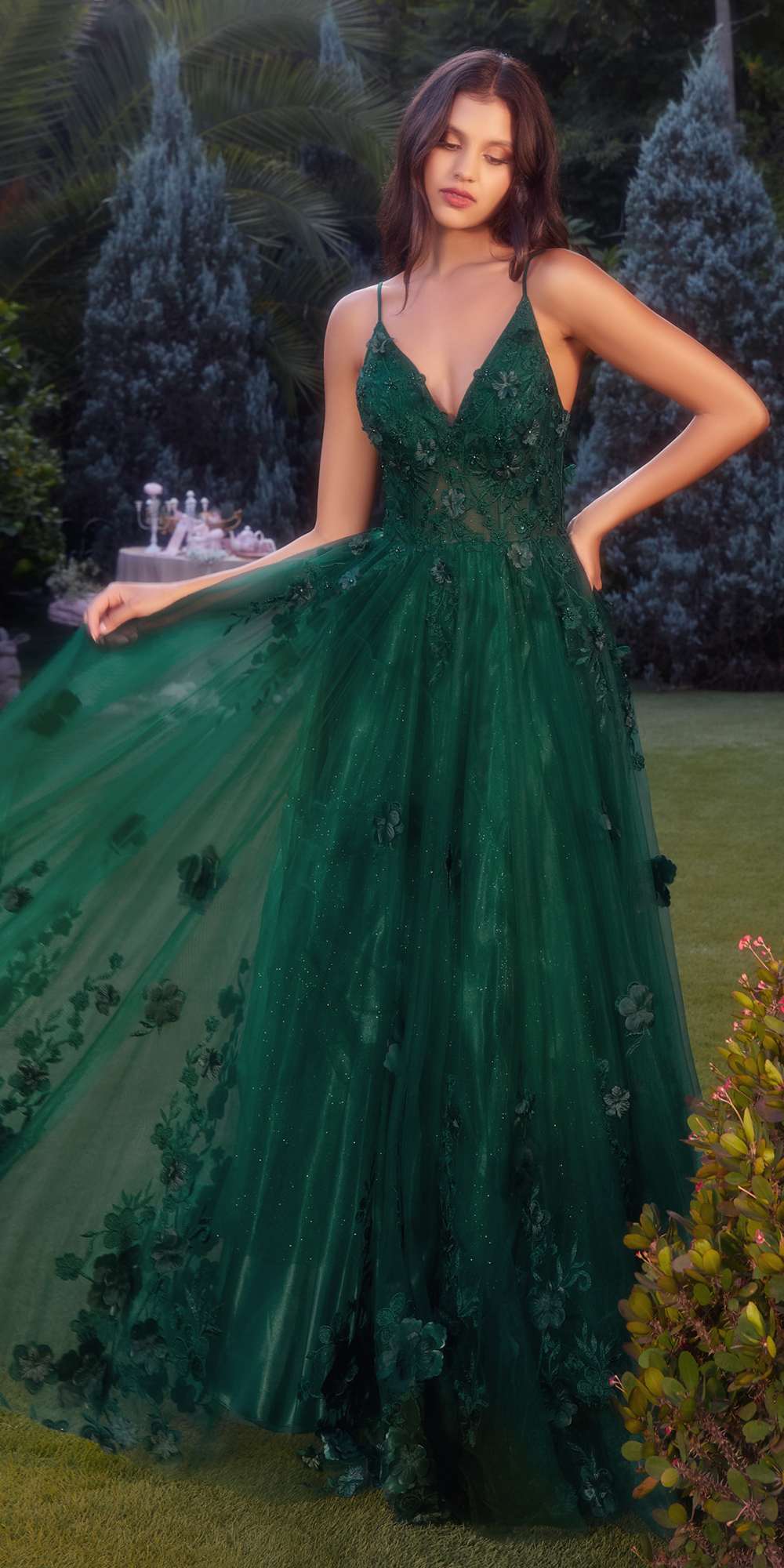 Andrea &amp; Leo A1326 Long Tulle A-Line Floral Applique Gown