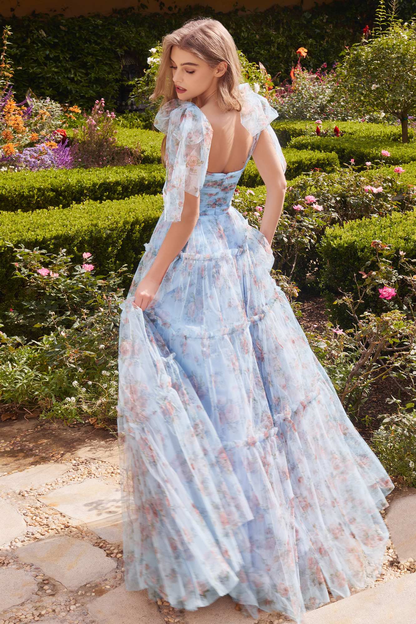 Andrea &amp; Leo A1332 Long Printed Floral Layered Tulle Gown