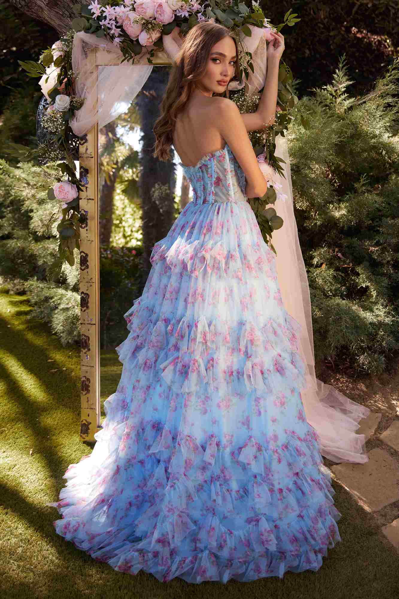 Andrea &amp; Leo A1334 Long Floral Printed Strapless Tiered Skirt Dress