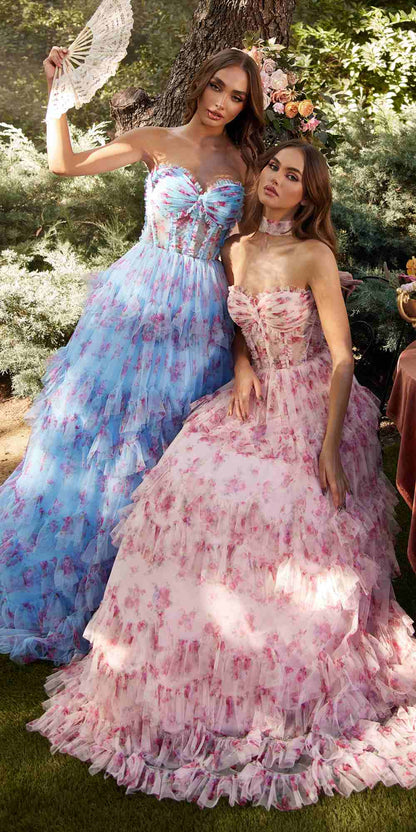Andrea &amp; Leo A1334 Long Floral Printed Strapless Tiered Skirt Dress