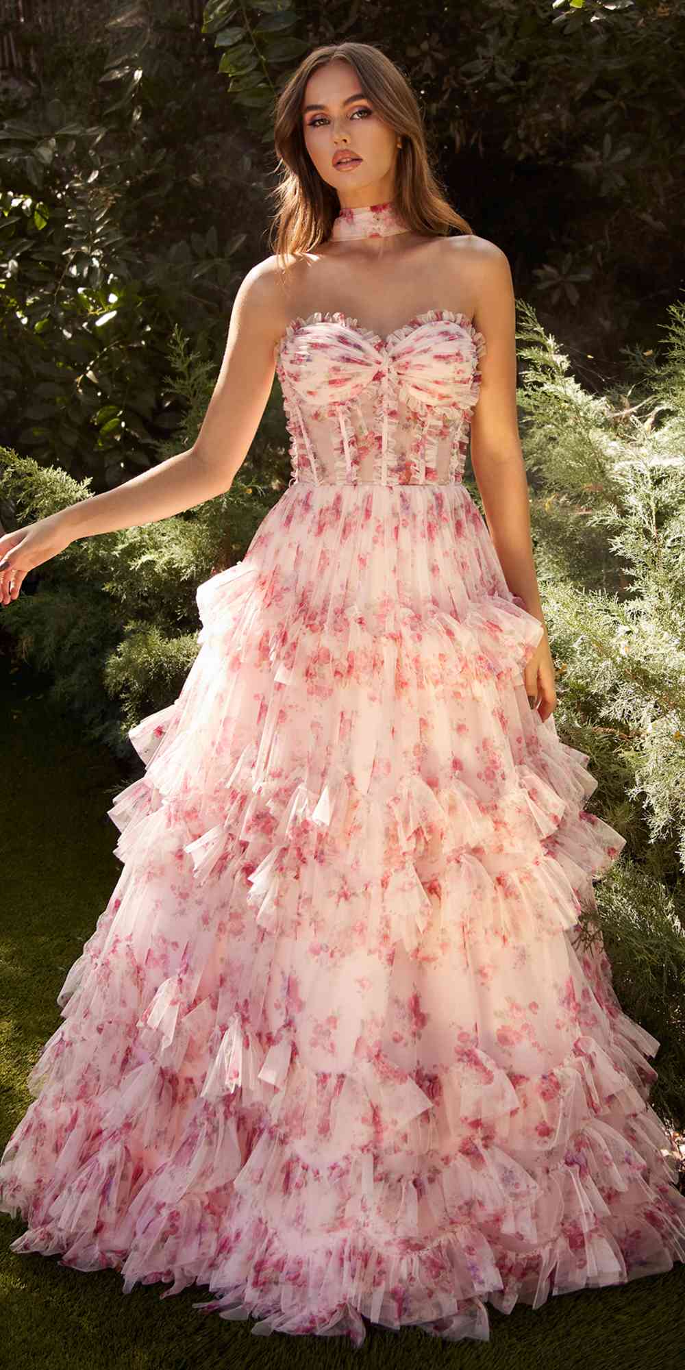 Andrea &amp; Leo A1334 Long Floral Printed Strapless Tiered Skirt Dress