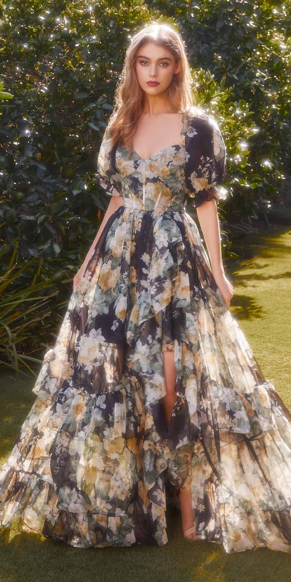 Andrea &amp; Leo A1336 Long Floral Print Puff Sleeve A-line Gown