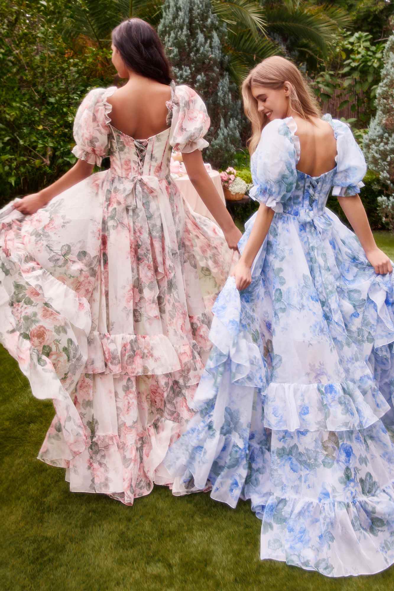 Andrea &amp; Leo A1336 Long Floral Print Puff Sleeve A-line Gown