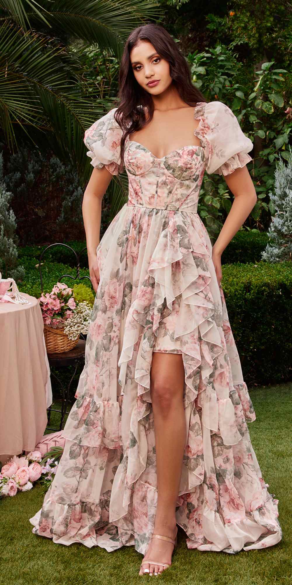 Andrea &amp; Leo A1336 Long Floral Print Puff Sleeve A-line Gown