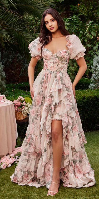 Andrea &amp; Leo A1336 Long Floral Print Puff Sleeve A-line Gown