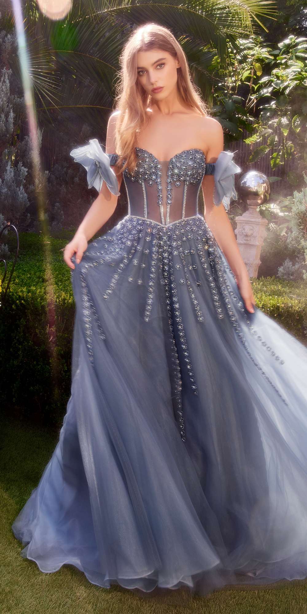 Andrea &amp; Leo A1338 Long Strapless Beaded Gown with Bow Arm Bands